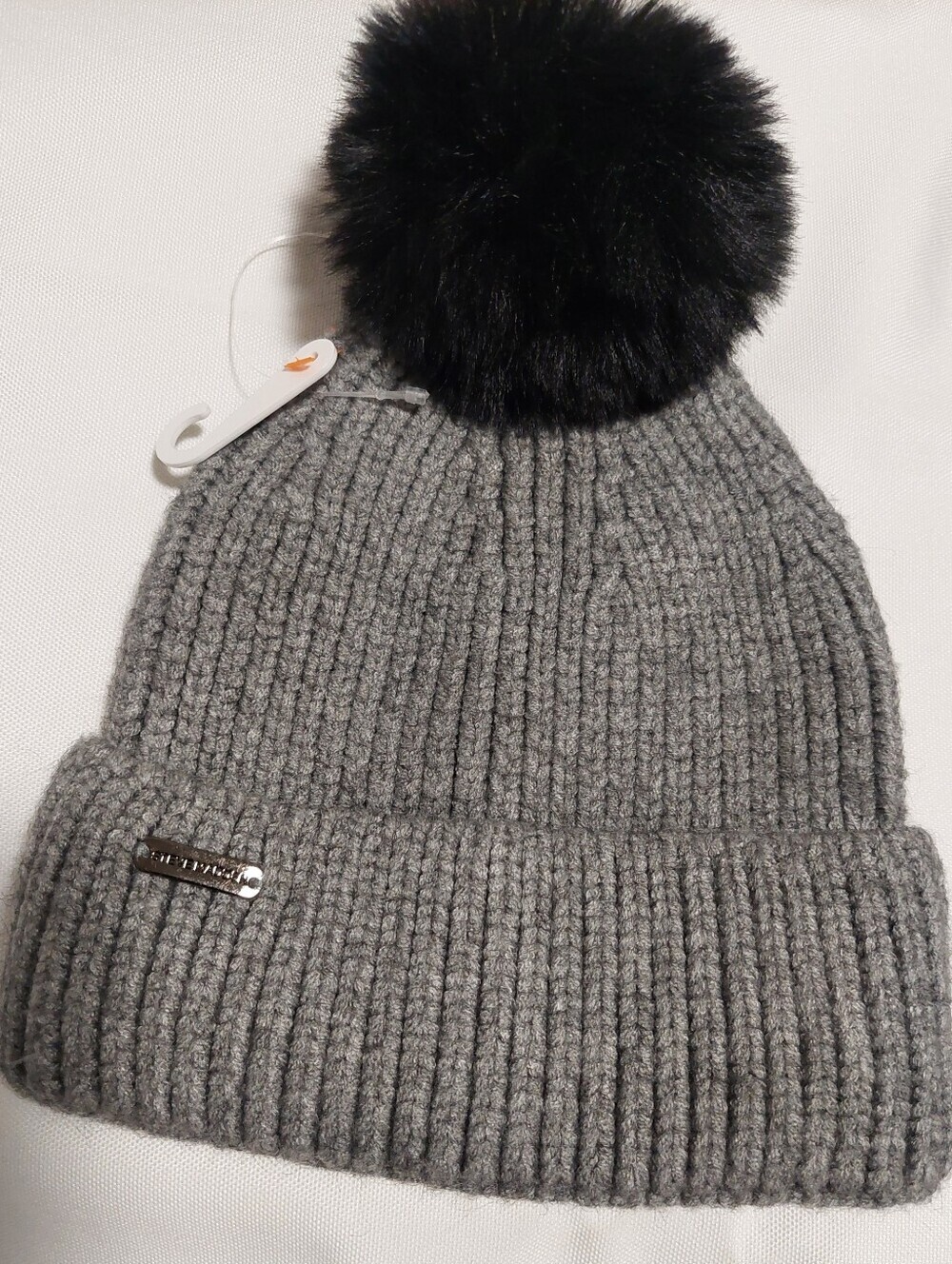 Gray Ribbed Knit Beanie with Black Faux Fur Pom